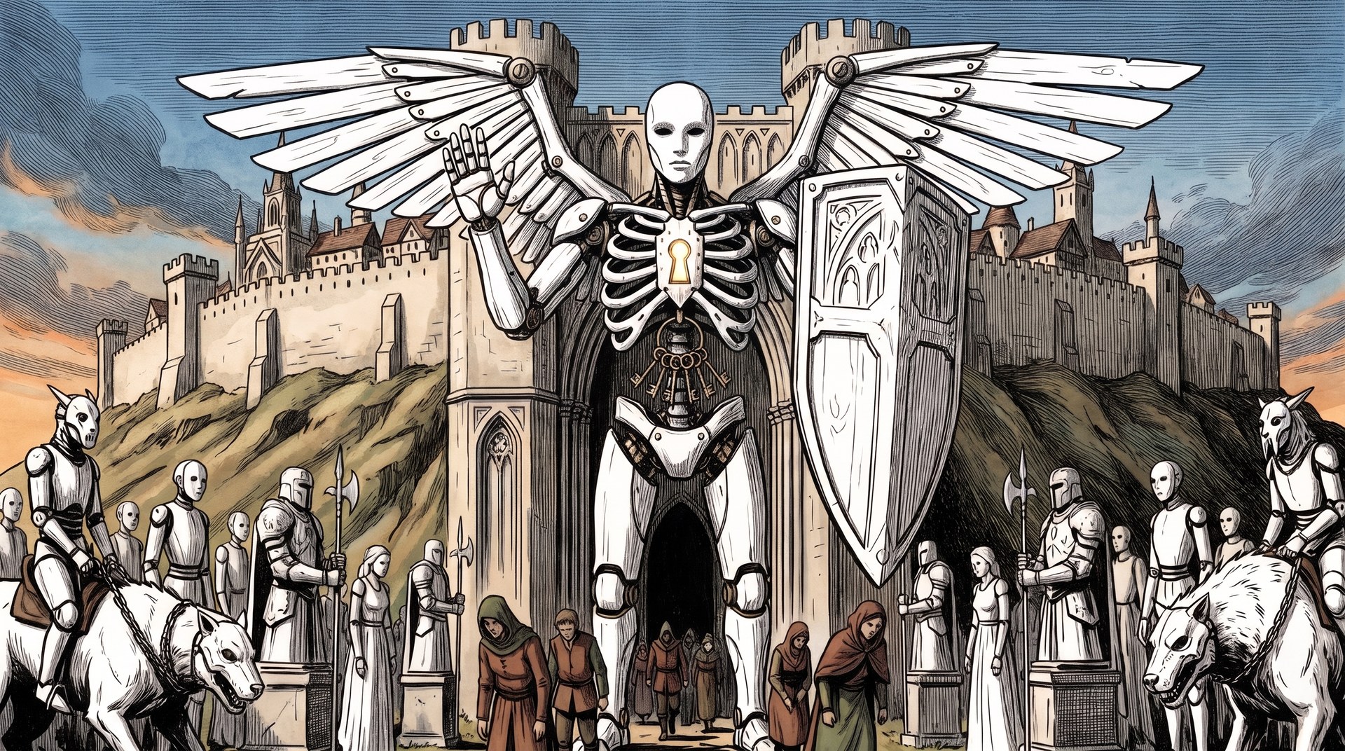 Inked painting in full colour of a white porcelain automaton angel at a town gate, white puppets and masked beasts around it, townsfolk in earthy colours below.
