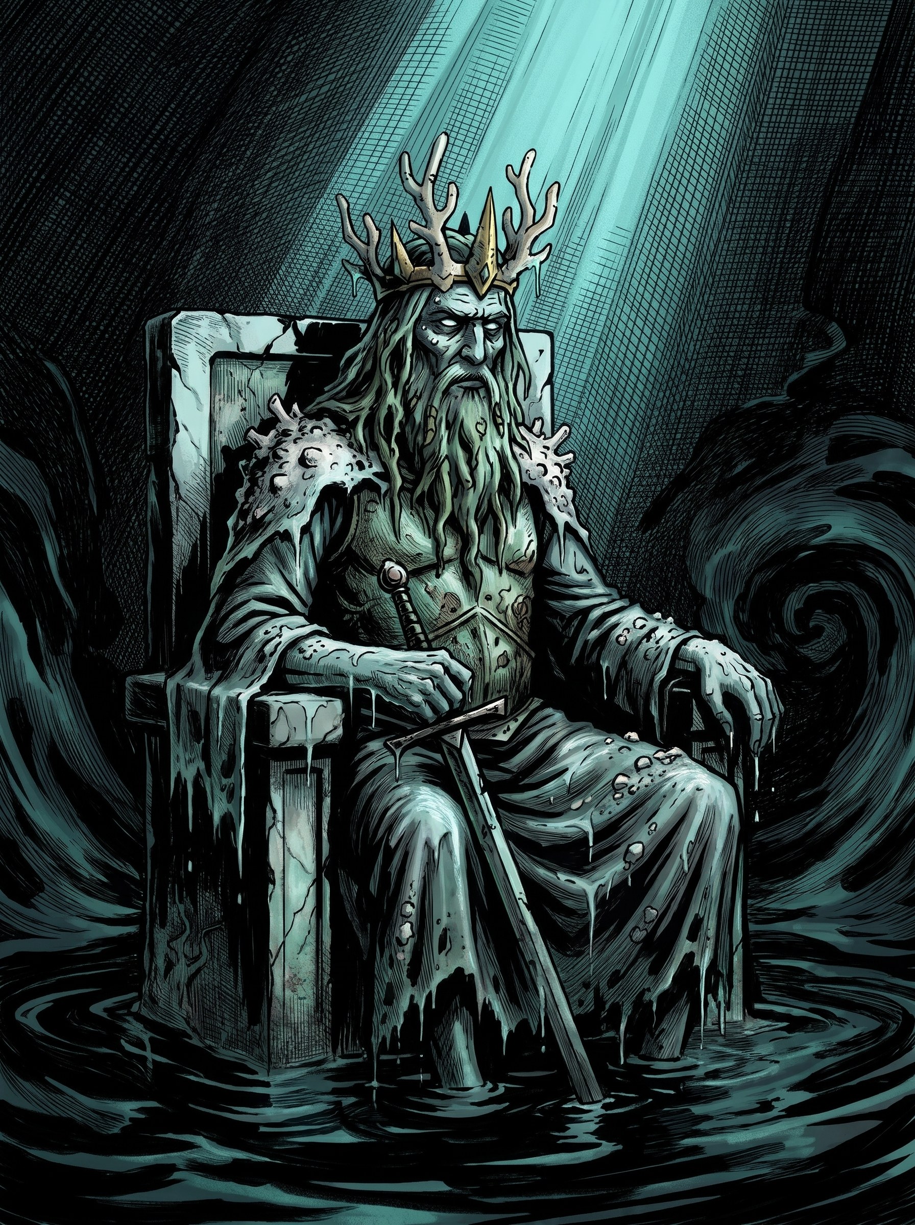 Orrin on his flooded throne, crowned in coral