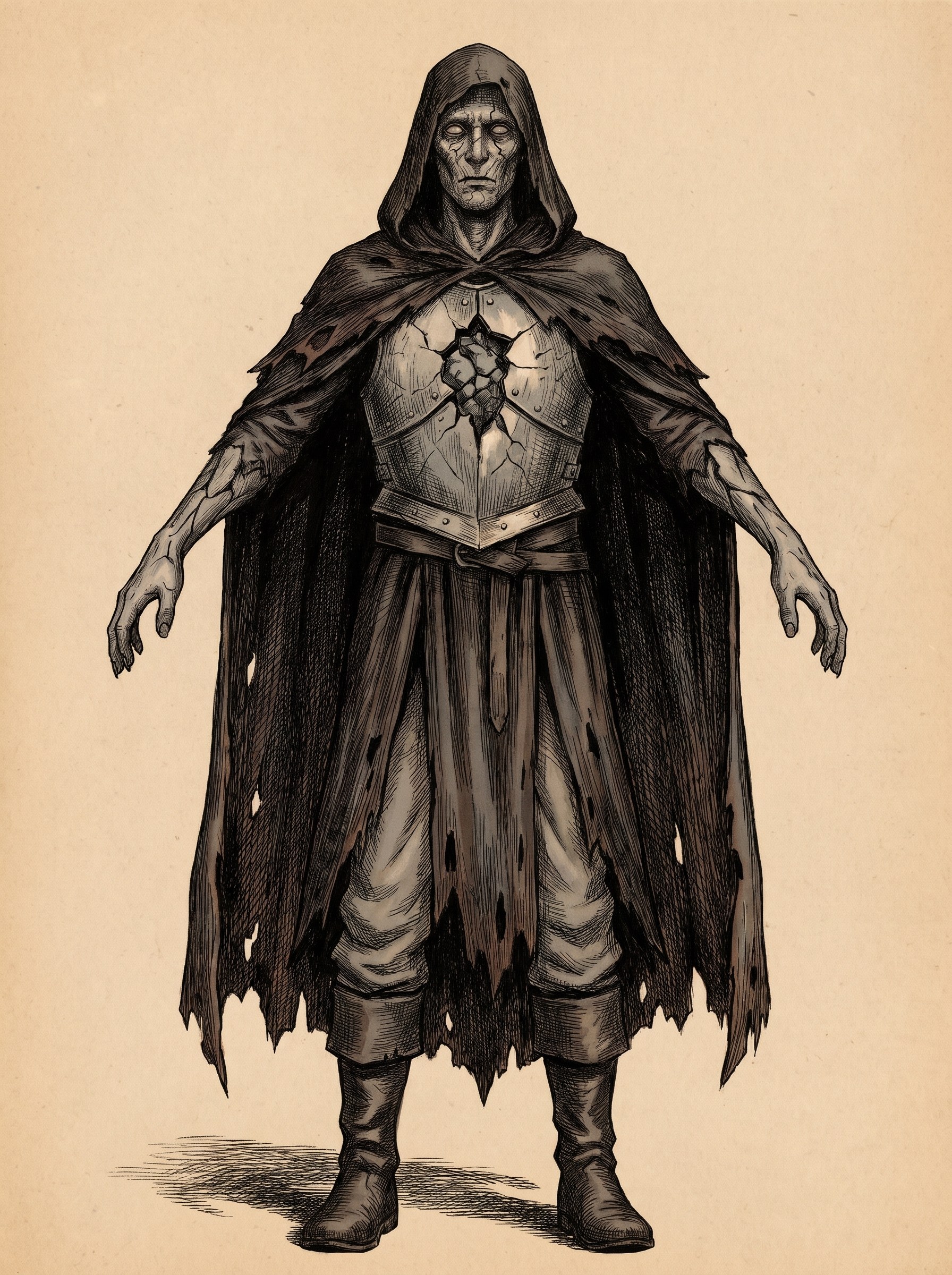 Sereth head to toe: ash-cracked skin, a dead cinder behind a cracked breastplate