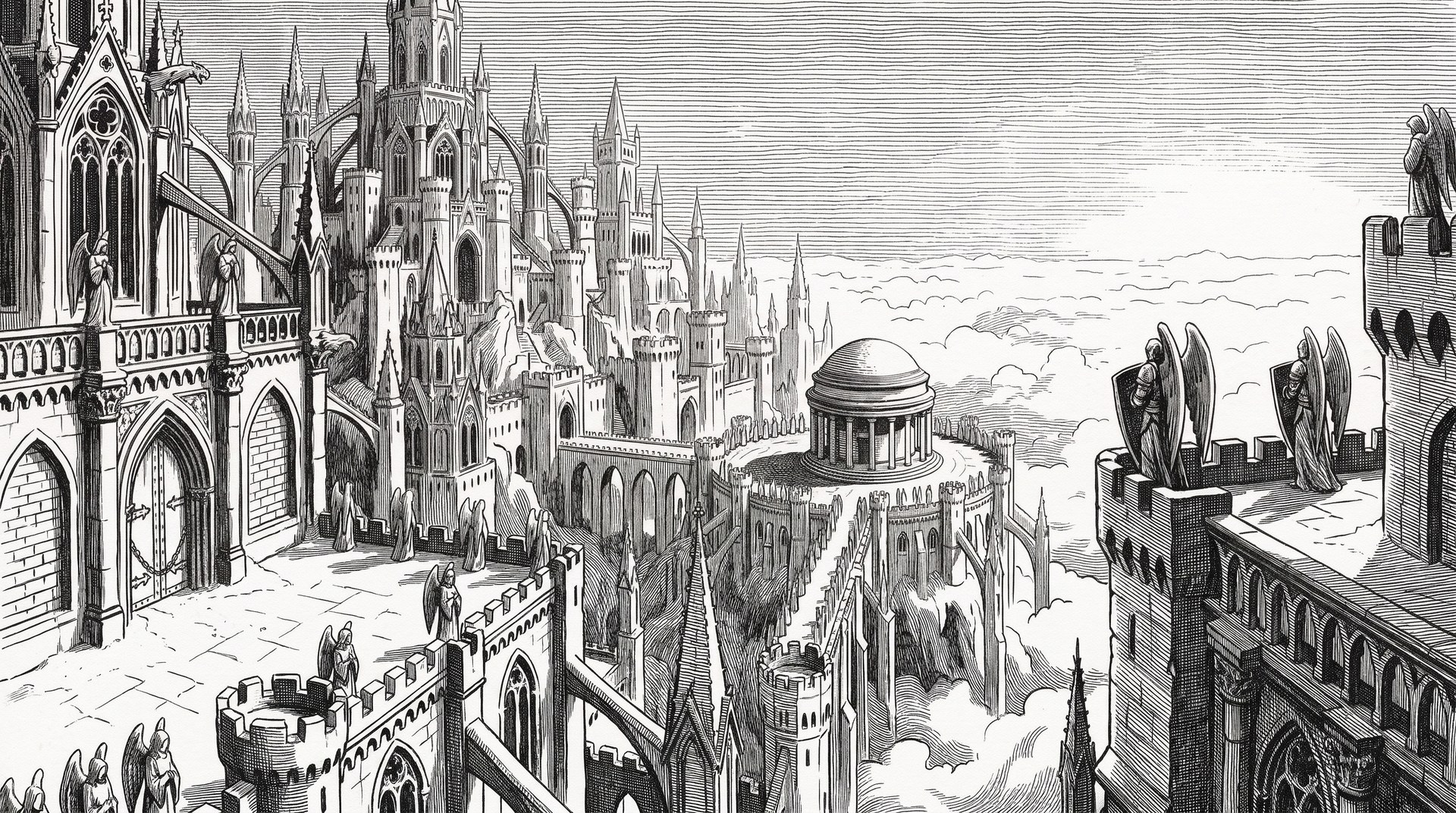 Concept painting: heaven drawn in white ink, the look at the top of the climb.