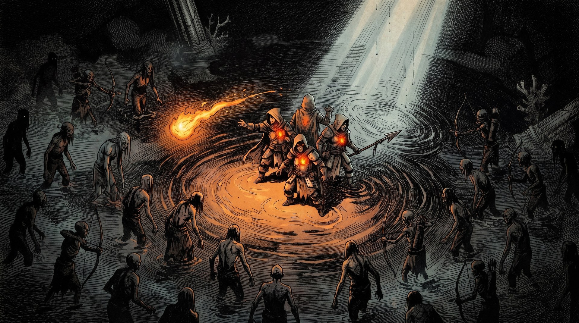 A party holds its light against the horde.