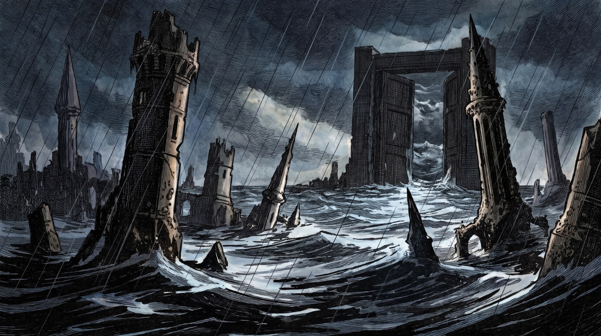 The spires of Saltreach in the grey sea