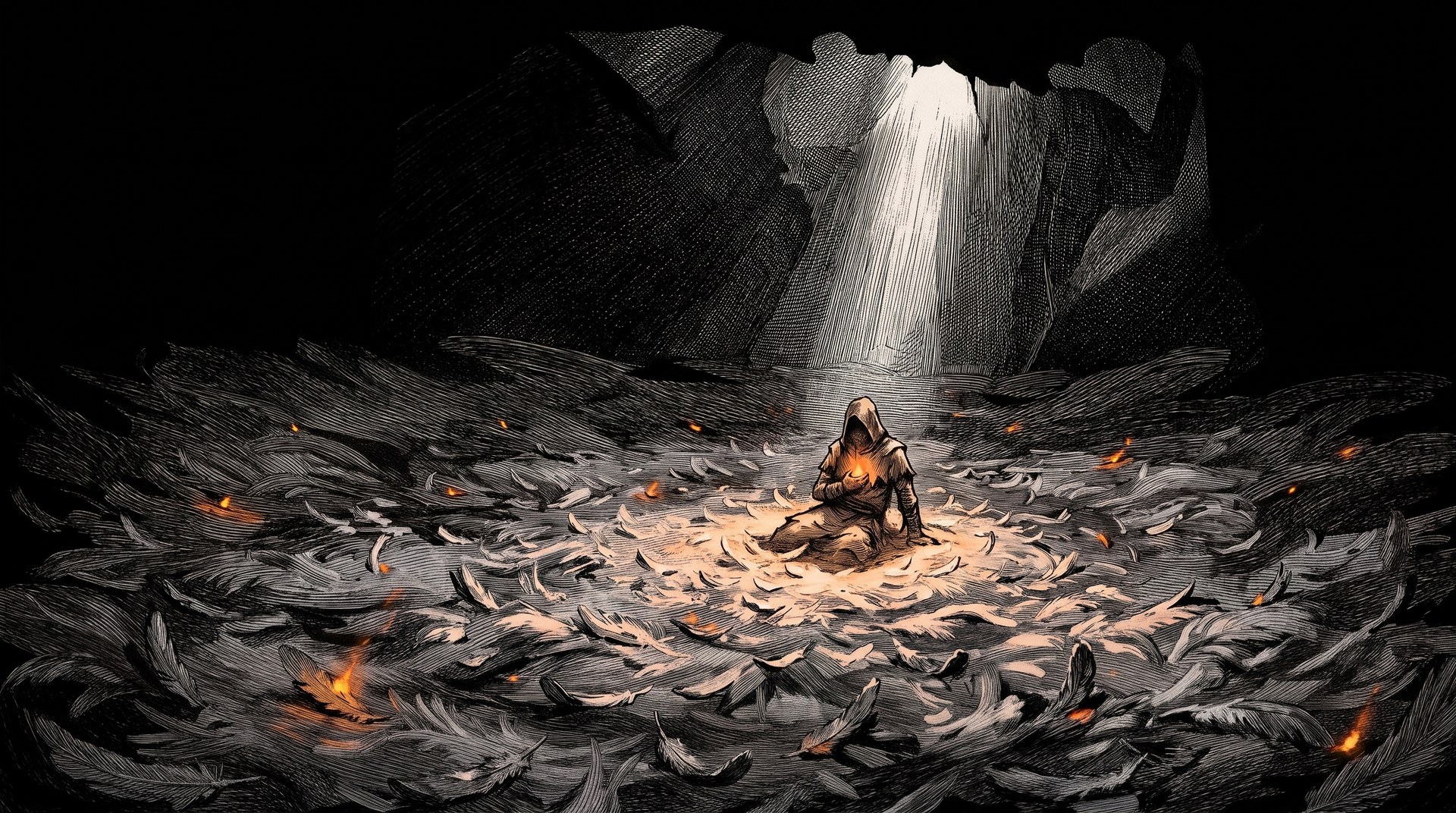 A fallen kneels on a floor of grey feathers under a shaft of light, a coal glowing in its hands.